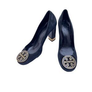 Tory Burch Maddie Heels Chunky Black Suede with Gold accents 9.5 M